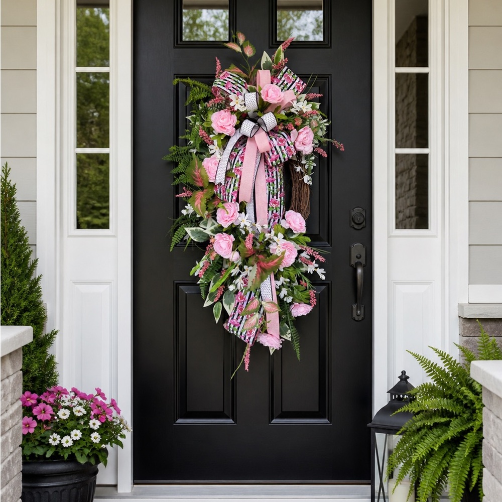 Abrand Pink and Green Floral Door Swag with Ribbon